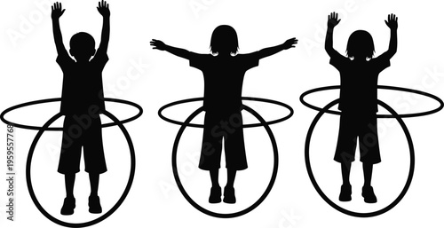 Children silhouettes playing with hula hoops, raised arms and playful motion illustration design, fun activity sport exercise art, flat vector