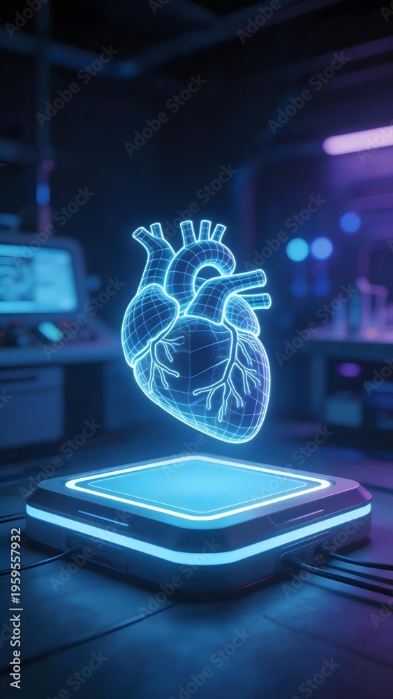 Fototapeta premium Holographic human heart displayed on a futuristic platform in a high-tech laboratory setting