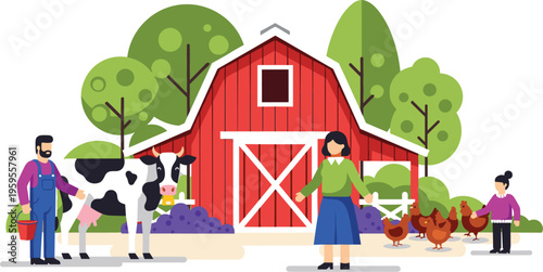 Farm scene with red barn cows chickens and farmers agriculture rural landscape vector illustration livestock and farming concept isolated design