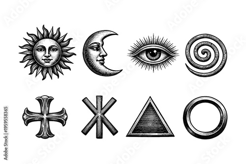 Collection of esoteric symbols and celestial bodies in vintage engraving style