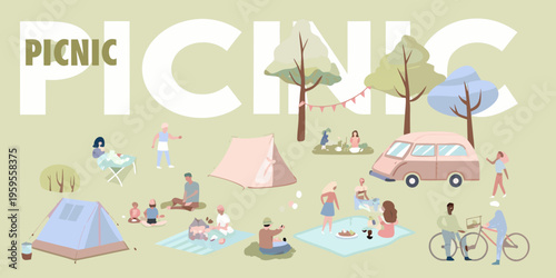 A vibrant illustration depicts a cheerful outdoor picnic and camping scene