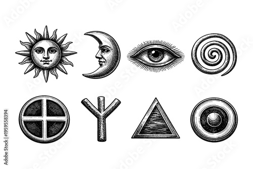Collection of esoteric symbols including sun, moon, eye, and geometric shapes