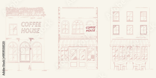 Sketch of three buildings two displaying a coffee house sign