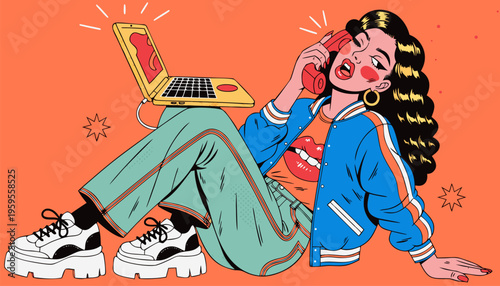 Trendy Young Woman Working Remotely with Laptop and Vintage Telephone Vector Illustration for Modern Communication Business and Gen Z Freelancer Lifestyle Concepts