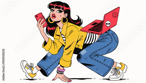 Modern Freelancer Woman Working on Laptop and Talking on Phone, Vector Illustration for Remote Work, Digital Nomad Lifestyle, and Startup Productivity Concepts