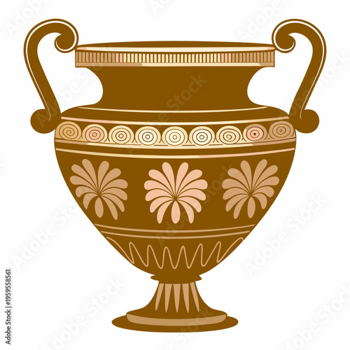An ornate golden brown ancient greek amphora with decorative bands