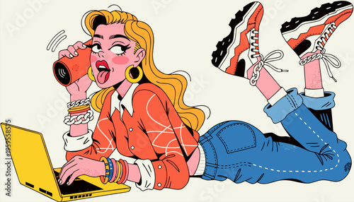 Pop Art Illustration of a Young Creative Woman Working on Laptop and Listening to Music for Freelance, Remote Work, and Social Media Marketing Concepts