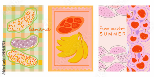 Colorful fruit illustrations with text banana farm market and summer themes
