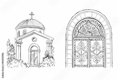 Detailed sketch of a small orthodox church with ornate doorway