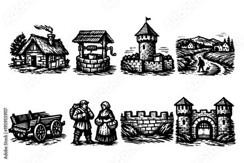 Collection of medieval village and castle elements in woodcut style
