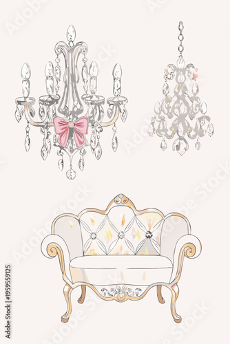 Elegant chandeliers and a detailed sofa in a decorative sketch style