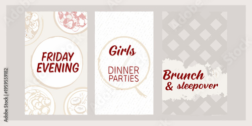 Instagram story templates featuring food text and patterned backgrounds