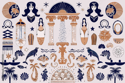Decorative illustration featuring mythological figures sea creatures and ornate patterns