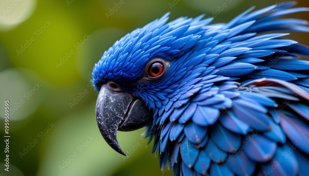 Obraz premium The image features a close up of a vivid blue parrot with striking feathers covering its head and body. Its dark, curved beak is prominently visible, contrasting with the bright plumage