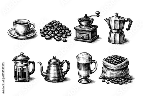 Collection of vintage coffee making tools and ingredients in a sketch style