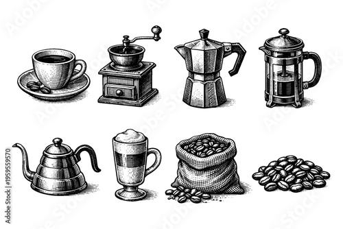 Collection of vintage coffee making tools and ingredients in detailed engraving style