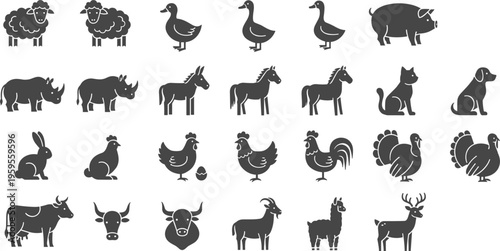 Farm animals silhouette icons set with cow pig sheep horse chicken rooster deer vector illustration livestock collection isolated black design
