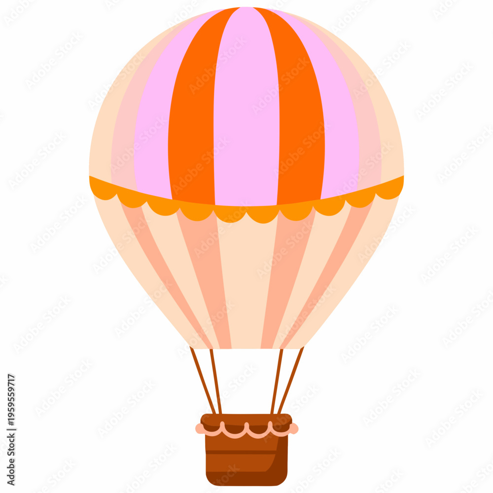 Naklejka premium Colorful hot air balloon with striped pattern and wicker basket shown isolated