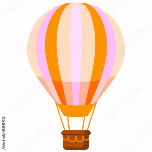 A colorful hot air balloon with pink and orange stripes floats freely