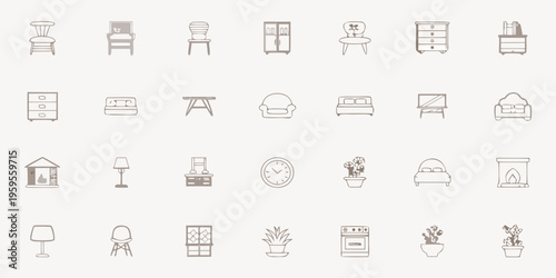Collection of simple hand drawn furniture and home decor icons