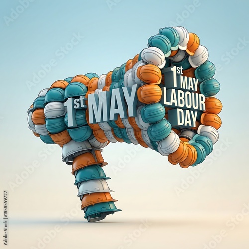 3D balloon number one with 1st May Labour Day celebration message on sky background
