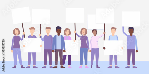 Diverse group of people holding blank signs in a peaceful demonstration