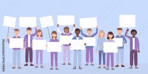 Diverse group of people holding blank signs in a unified demonstration