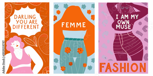 Three colorful illustrations promoting body positivity and self love messages