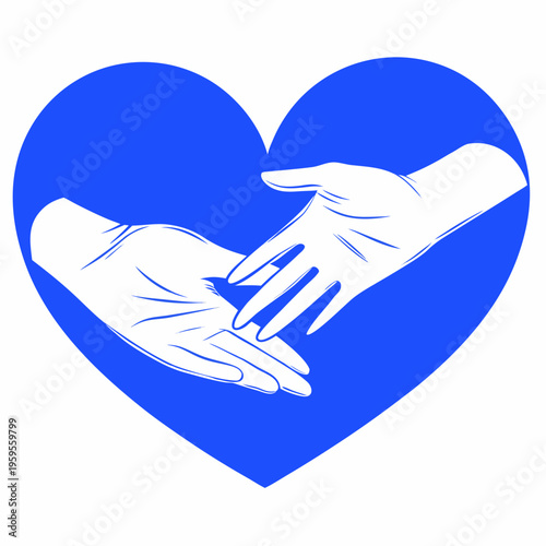Two hands reaching for each other within a blue heart shape