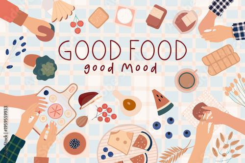 A colorful flat lay illustration of various foods and hands reaching in
