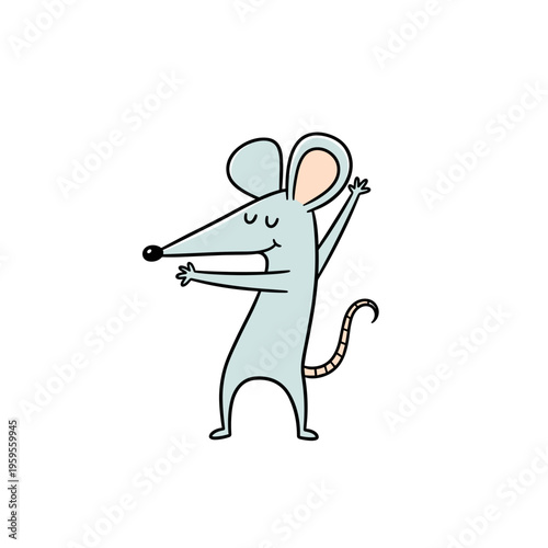 Cartoon mouse dancing cheerfully with closed eyes and raised arms  
