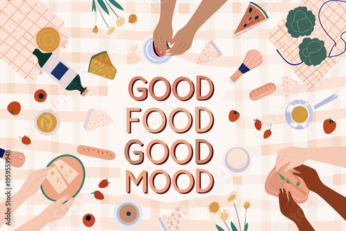 A colorful picnic spread with fruits vegetables and the text good food good mood