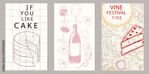 Three illustrated panels promoting cake and wine festival events