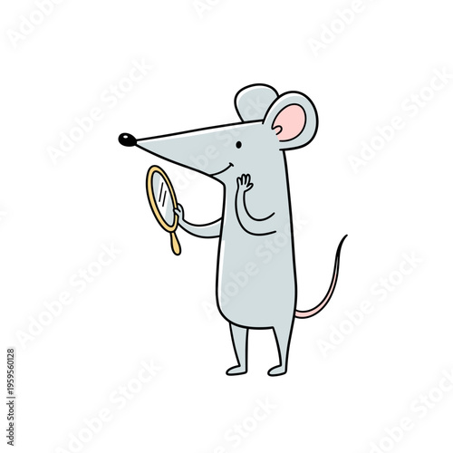 Cartoon mouse looking in a mirror and smiling with joy  