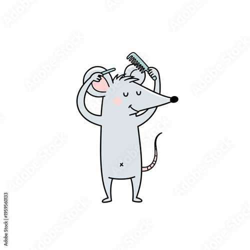 Cartoon mouse combing its hair with a brush and smiling  