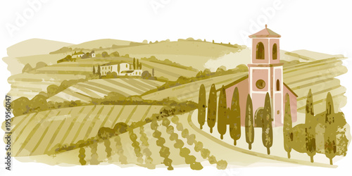 Watercolor illustration of a tuscan landscape with vineyards and a church
