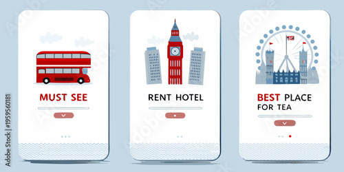 London attractions illustrated on smartphone screen mockups for travel apps