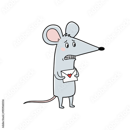 Cartoon mouse holding a love letter and looking worried  