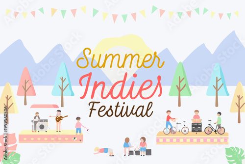 A colorful summer indies festival scene with music and outdoor activities