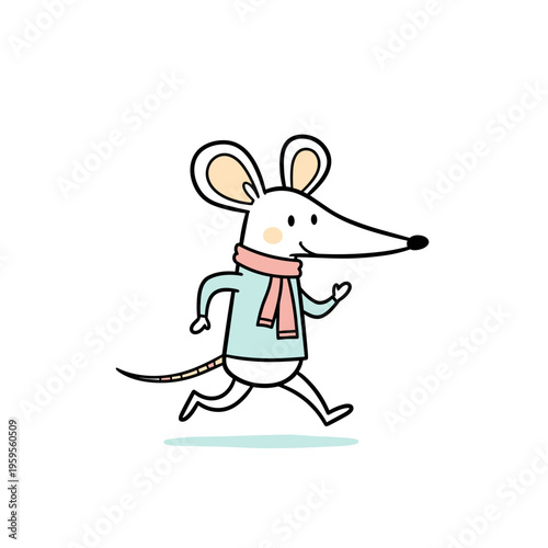 Cartoon mouse running cheerfully in a scarf and sweater  
