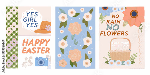Colorful easter themed illustrations with floral patterns and positive messages