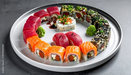 Assortment of Fresh Sushi and Rolls on a White Plate.
