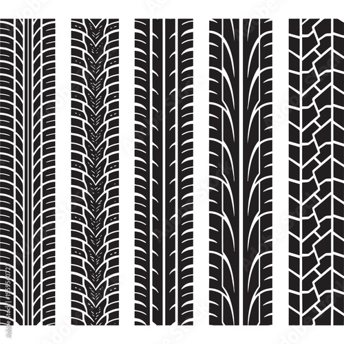 Closeup of various tire tread patterns.