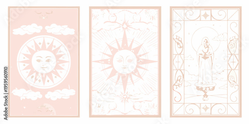 A triptych of celestial designs featuring suns moons and ornate details