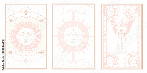 Three decorative tarot card inspired illustrations in pastel pink tones