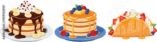 Stylized Breakfast Food Vector Illustration Set Featuring Chocolate Banana Pancakes Berry Stack and Dessert Taco for Restaurant Menu and Sweet Cafe Branding