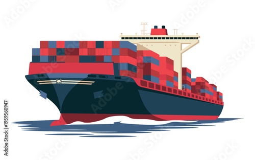 Modern red and blue cargo container ship sailing on calm blue ocean with clear sky background