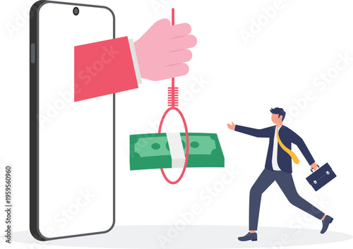 Giant hand offering cash money on a noose trap from a smartphone