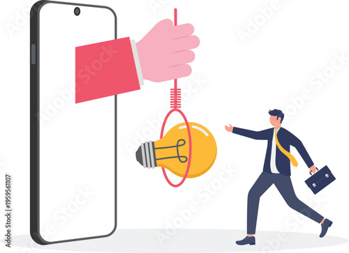 Businessman reaching for a lightbulb on a noose from a smartphone
