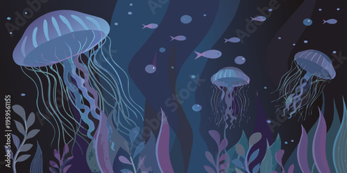 Stylized illustration of glowing jellyfish swimming in a dark blue ocean